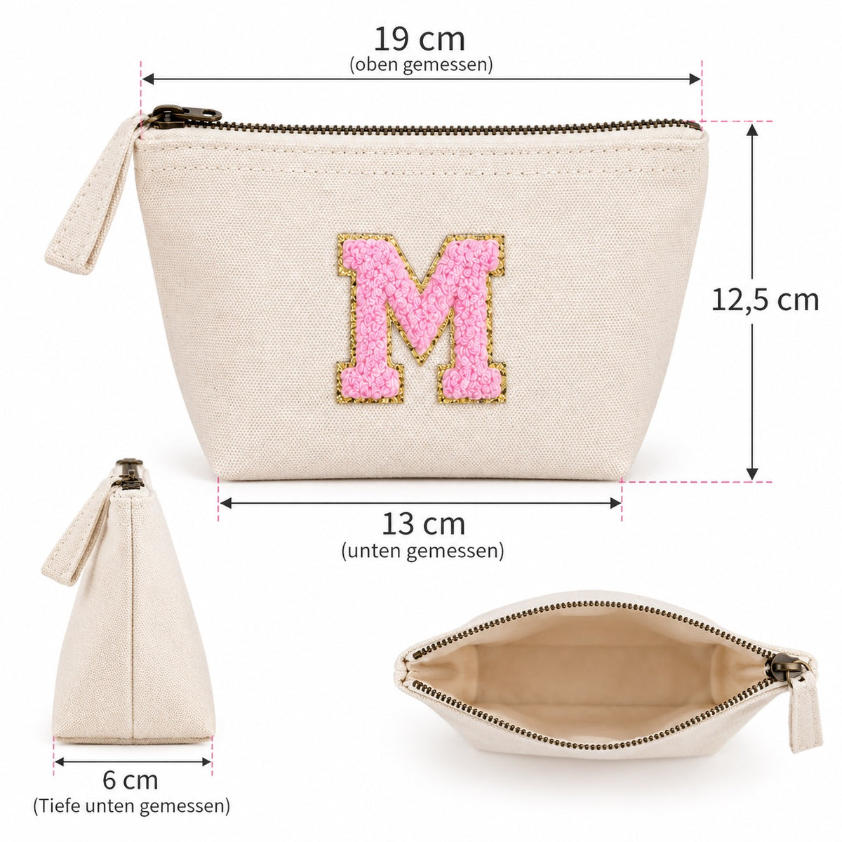Rosa Initiale Beige Kosmetiktasche S • A–Z • Reise & Geschenkidee Buchstaben