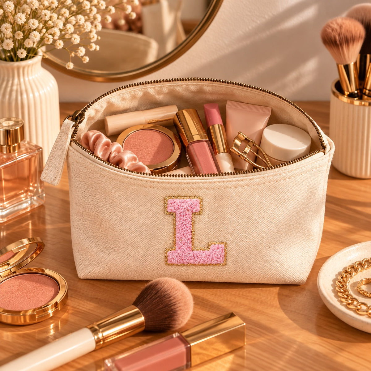 Rosa Initiale Beige Kosmetiktasche S • A–Z • Reise & Geschenkidee Buchstaben