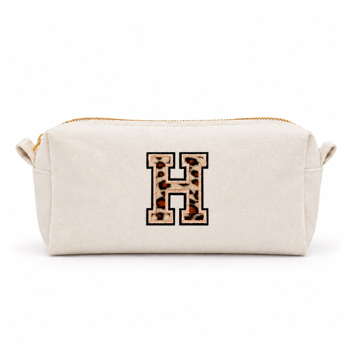 Kosmetiktasche mit Leo-Buchstaben A–Z oder Herz | Baumwolle Make-up Tasche S & L | Beige & Schwarz | Personalisiertes Geschenk für Frauen Kulturbeutel Reiseorganizer