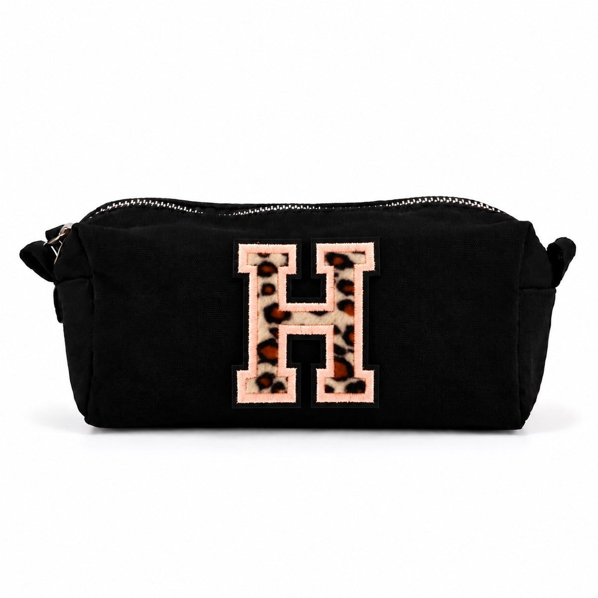 Kosmetiktasche mit Leo-Buchstaben A–Z oder Herz | Baumwolle Make-up Tasche S & L | Beige & Schwarz | Personalisiertes Geschenk für Frauen Kulturbeutel Reiseorganizer