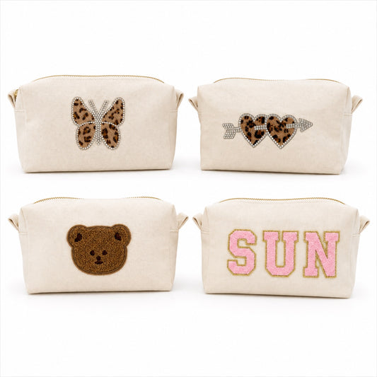 beige Kosmetiktasche S aus Baumwolle mit Bär Doppelherz Schmetterling leo | Kulturbeutel mit Reißverschluss | Make-up Tasche, Reiseorganizer, Geschenk für Frauen