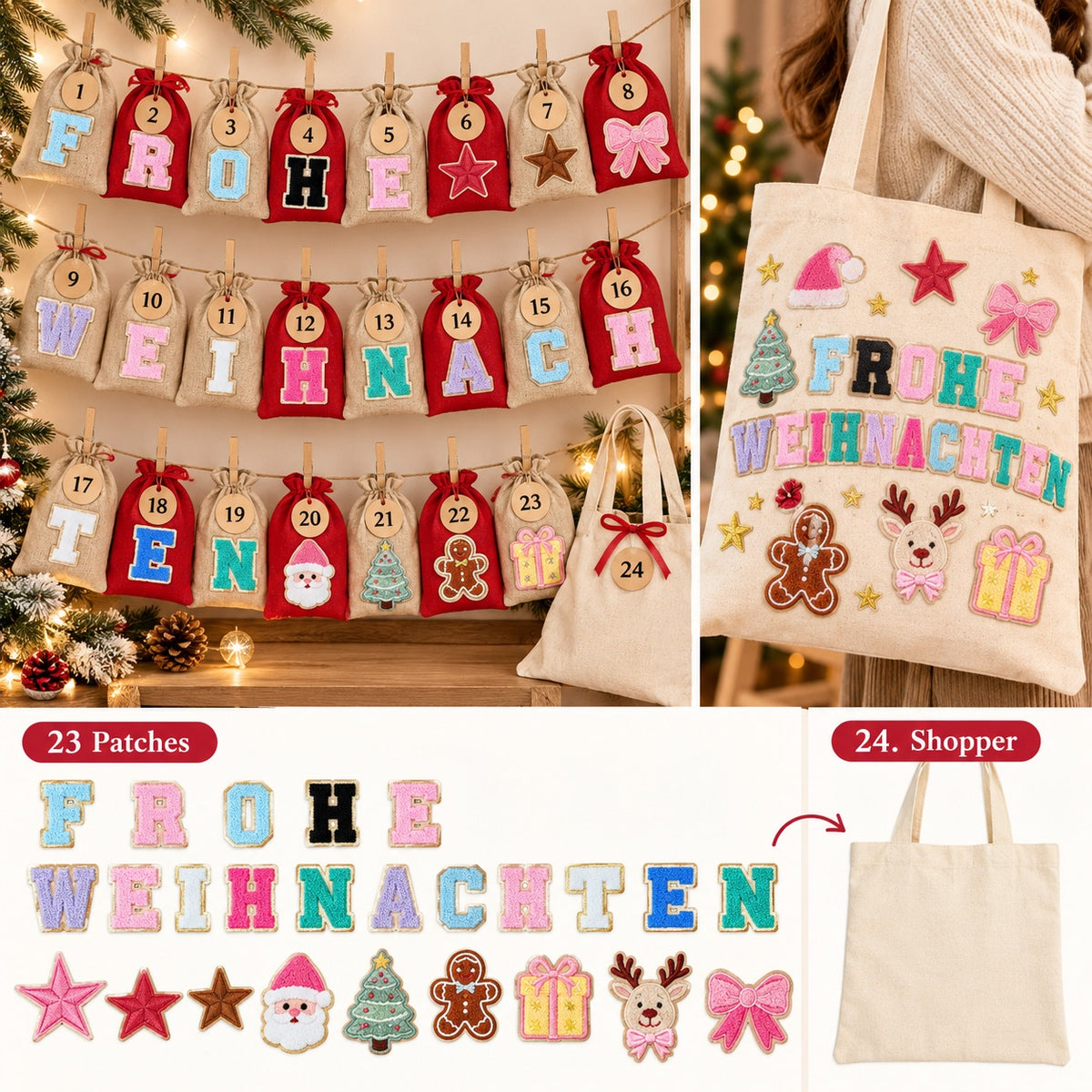 DIY Adventskalender 24 Tage – Frohe Weihnachten Set mit Patches & Shopper Tasche für Kinder