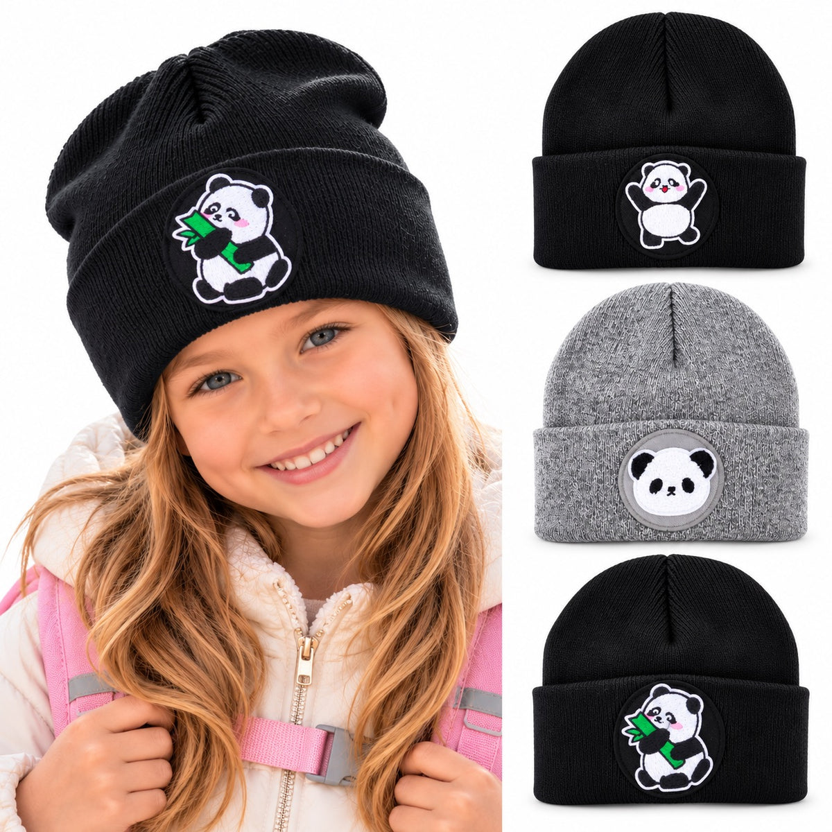 Bamboo Panda Face Beanie Schwarz – Warme Unisex Mütze für Kinder Schüler Damen Grau