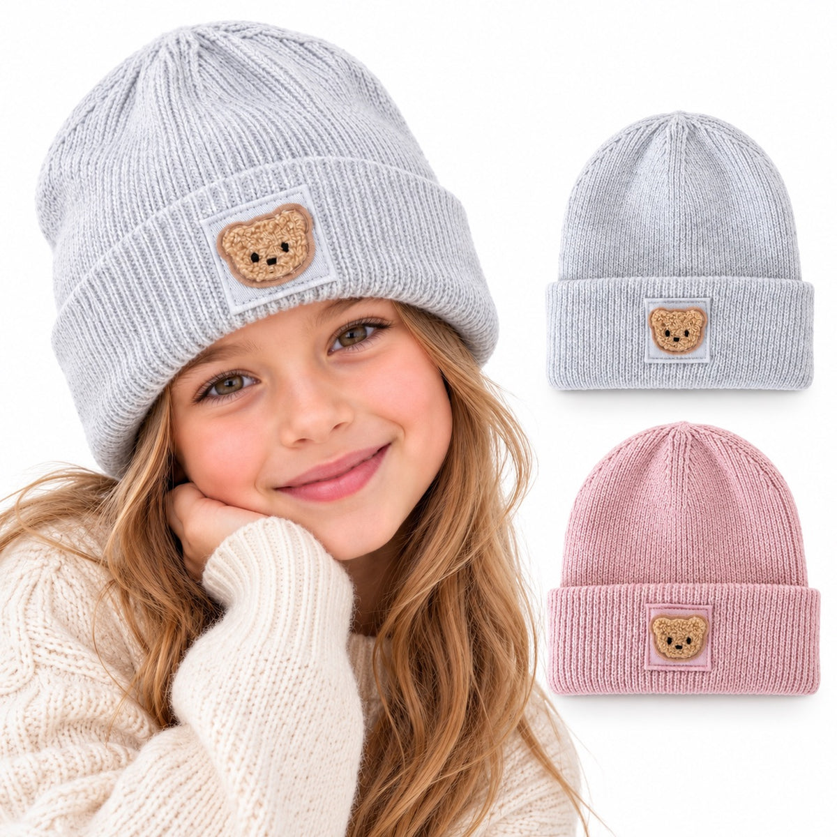 Kinder Beanie mit Teddy Bär Patch – Nachhaltige warme Mütze, handveredelt, Rosa & Grau