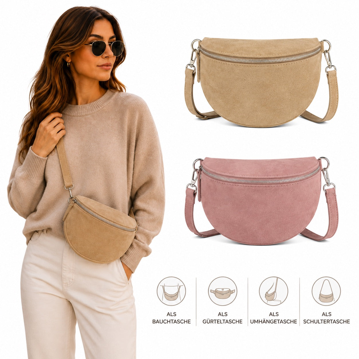 Damen Wildleder Crossbody Bag BASIC – Bauchtasche, Gürteltasche, Schulter- & Umhängetasche – S–L Beige Braun Schwarz
