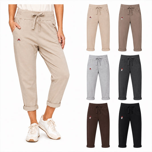 Damen Jogpants Baggy Hose Glückspilz Handstickerei Baumwolle S–XXL Beige Braun Taupe Schwarz