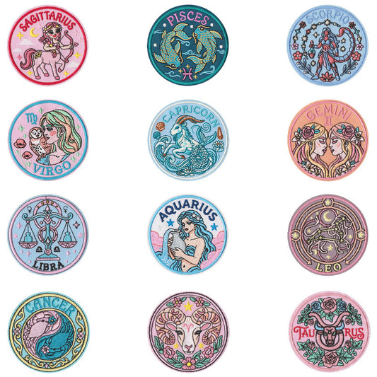 12 Sternzeichen Tierkreiszeichen Aufnäher Stickerei Patches Iron-On für Taschen, Schuhe, Kleidung DIY