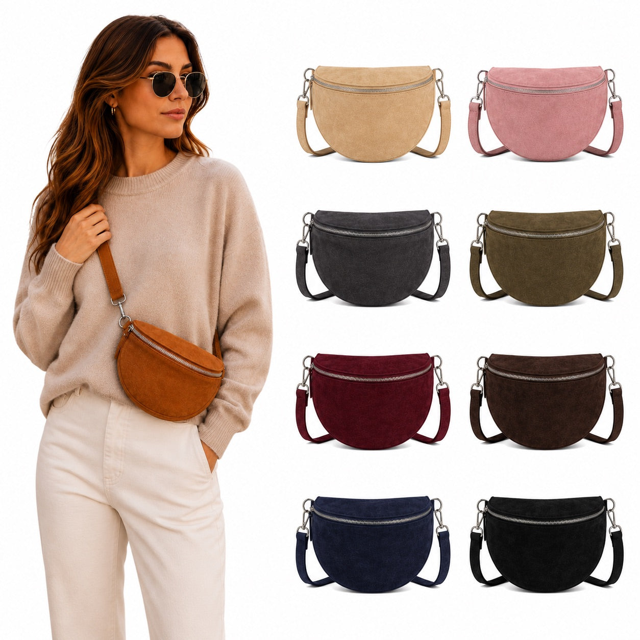 Damen Wildleder Crossbody Bag BASIC – Bauchtasche, Gürteltasche, Schulter- & Umhängetasche – S–L Beige Braun Schwarz