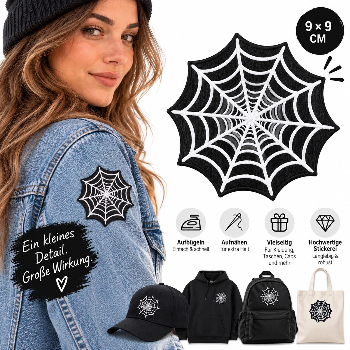 Spinnennetz Patch Aufbügler 9 cm Spinne Bügelbild Aufnäher Halloween Gothic DIY