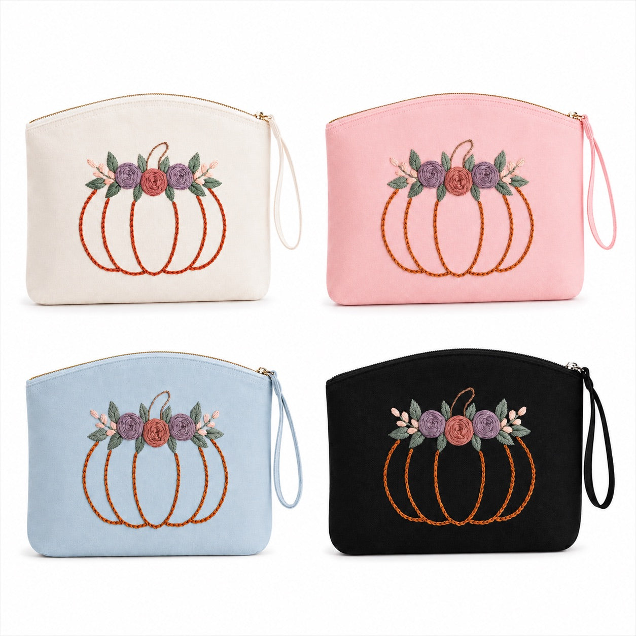 Damen Clutch Schwarz handbestickt – Kürbis mit Blumen – Handgelenktasche Kosmetiktasche Abendtasche Handmade Geschenkidee
