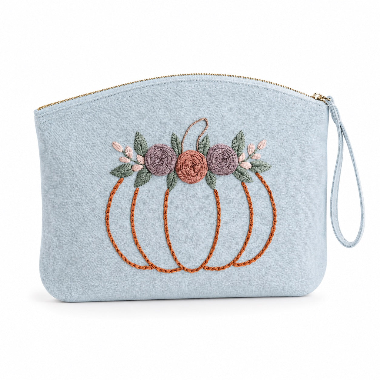 Damen Clutch Schwarz handbestickt – Kürbis mit Blumen – Handgelenktasche Kosmetiktasche Abendtasche Handmade Geschenkidee