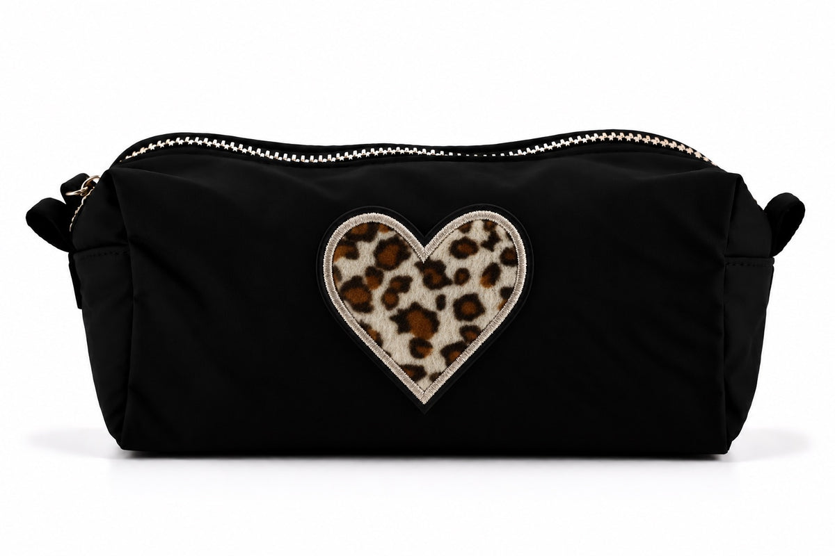Kosmetiktasche mit Leo-Buchstaben A–Z oder Herz | Baumwolle Make-up Tasche S & L | Beige & Schwarz | Personalisiertes Geschenk für Frauen Kulturbeutel Reiseorganizer