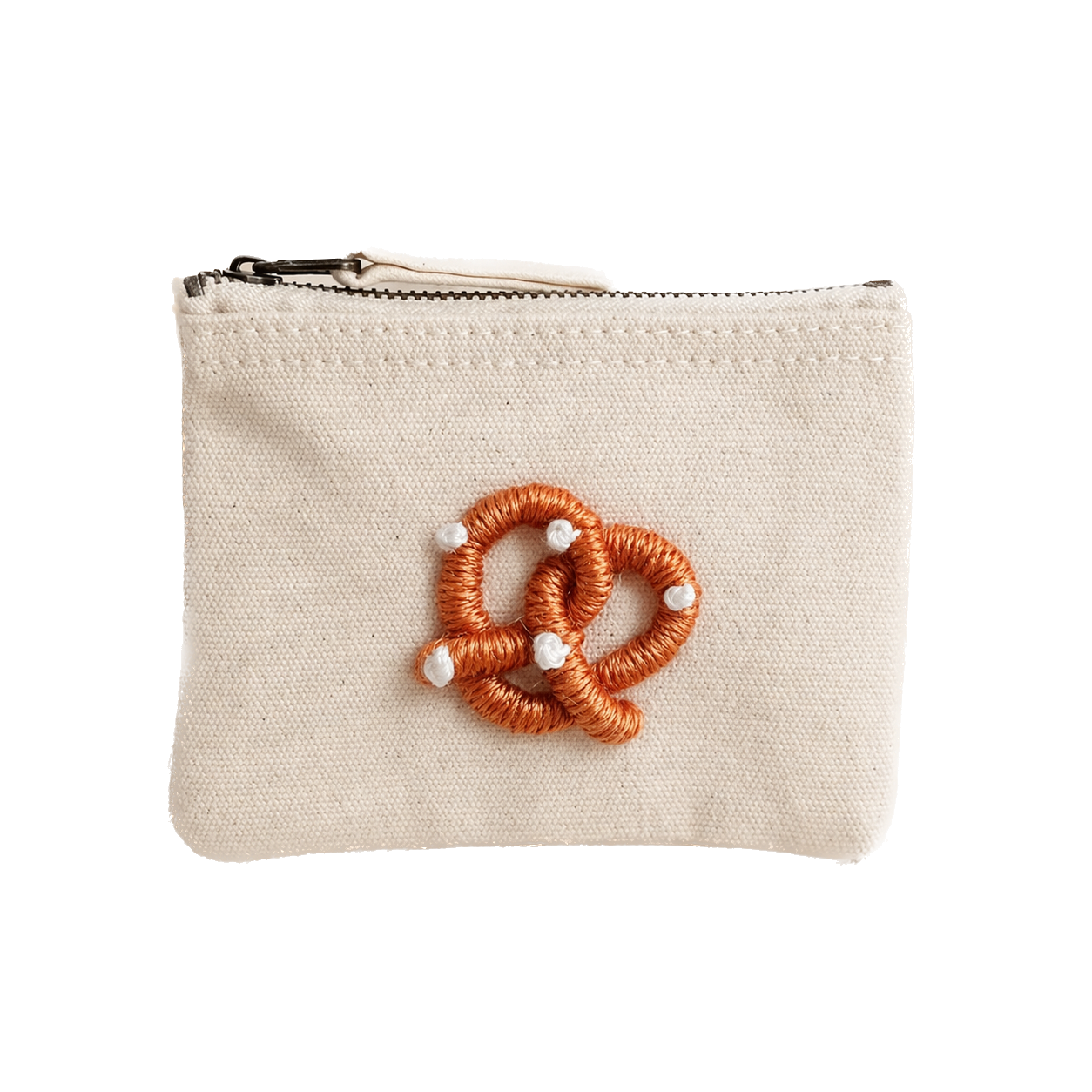 beige Handbestickte Geldbörse mit Brezel – Baumwolle Münztasche Geldbeutel