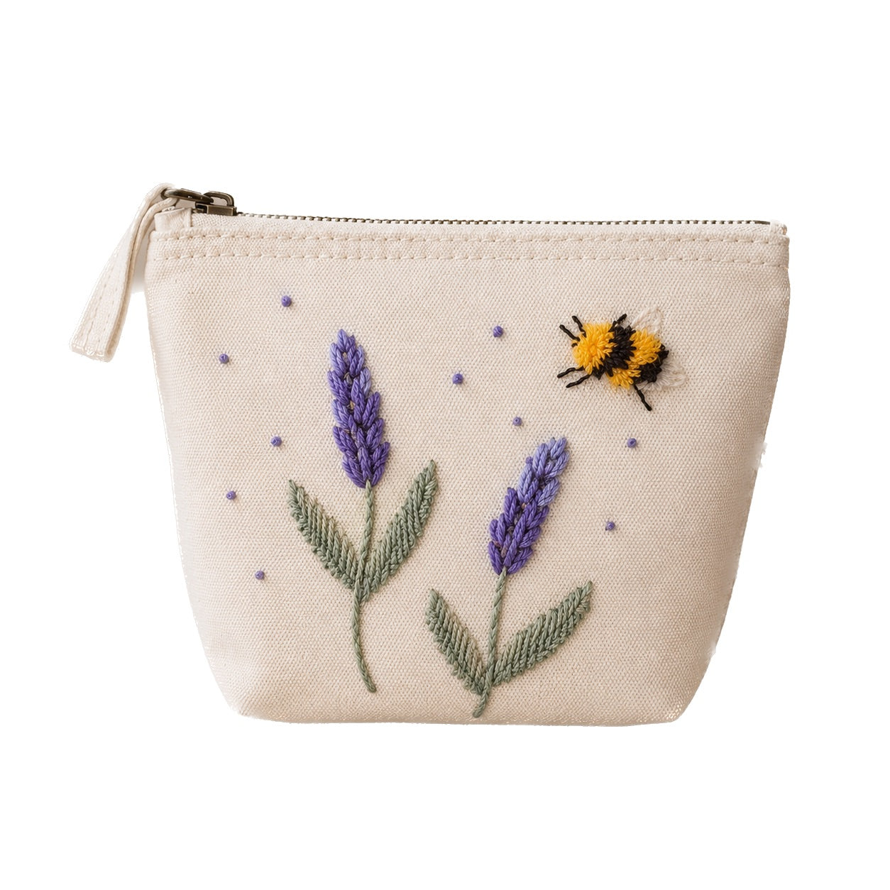 Handbestickte Canvas Kosmetiktasche Damen – Lavendel & Hummel Stickerei – Hochwertige Schminktasche aus Baumwolle mit Reißverschluss – Kulturbeutel Reise Organizer – Handmade Geschenk für Frauen