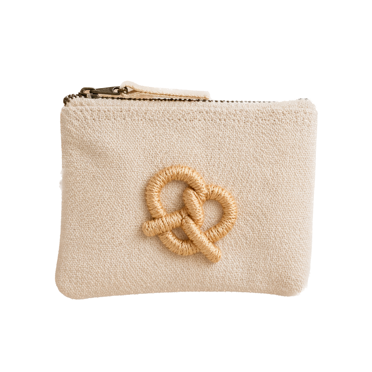 beige Handbestickte Geldbörse mit Brezel – Baumwolle Münztasche Geldbeutel