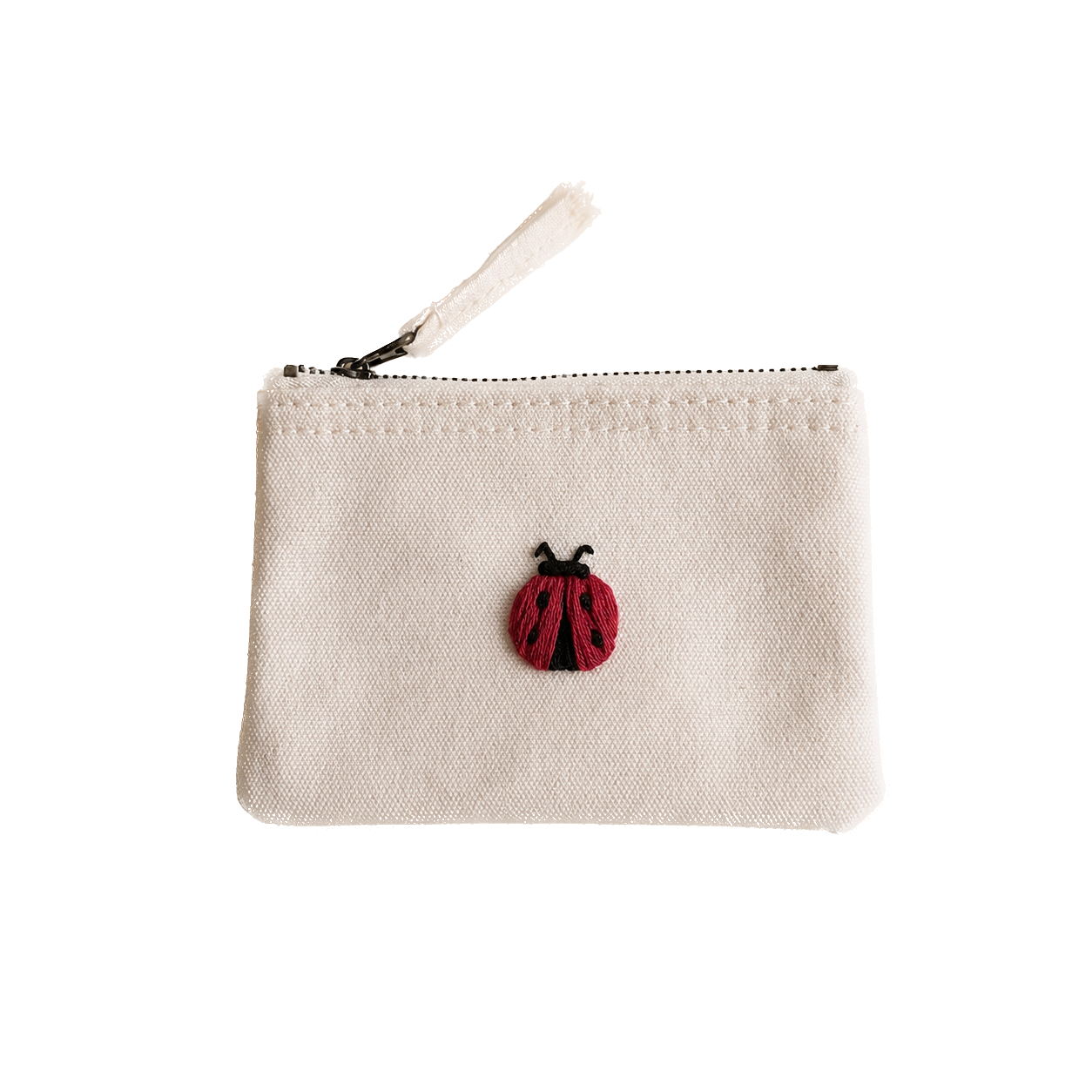 beige Handbestickte Geldbörse mit Marienkäfer – Baumwolle Münztasche Geldbeutel