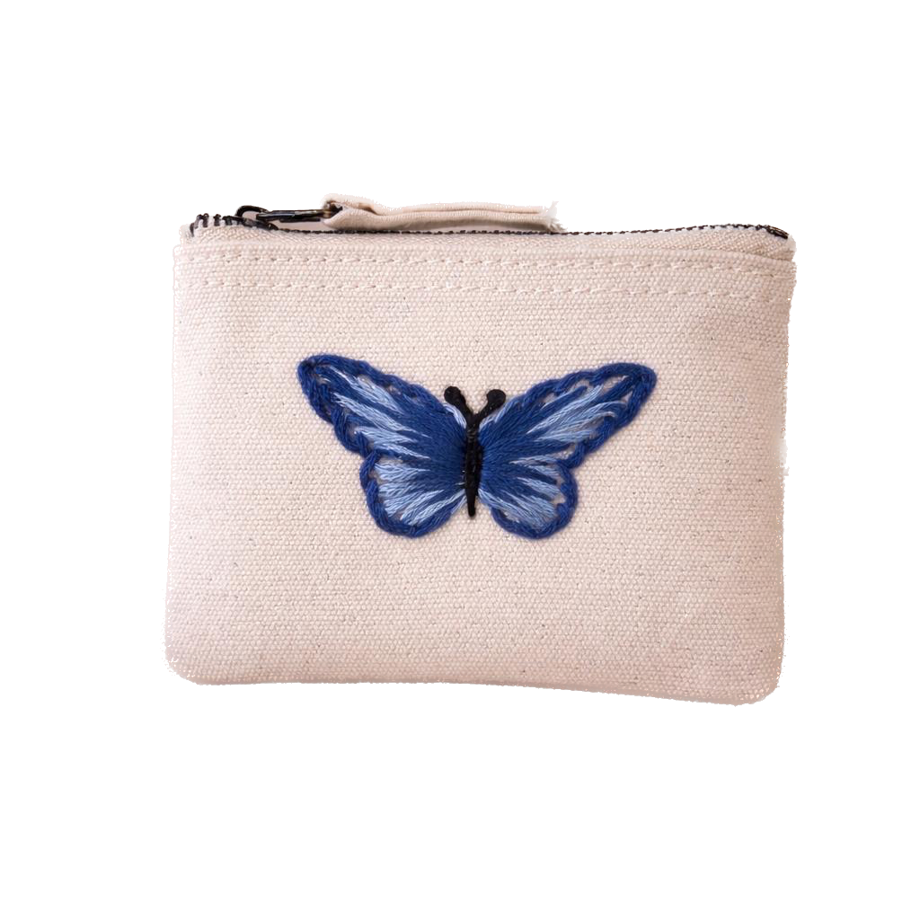Handbestickte Geldbörse mit Schmetterling – Baumwolle Münztasche Geldbeutel Grün Blau Lila Gelb Braun