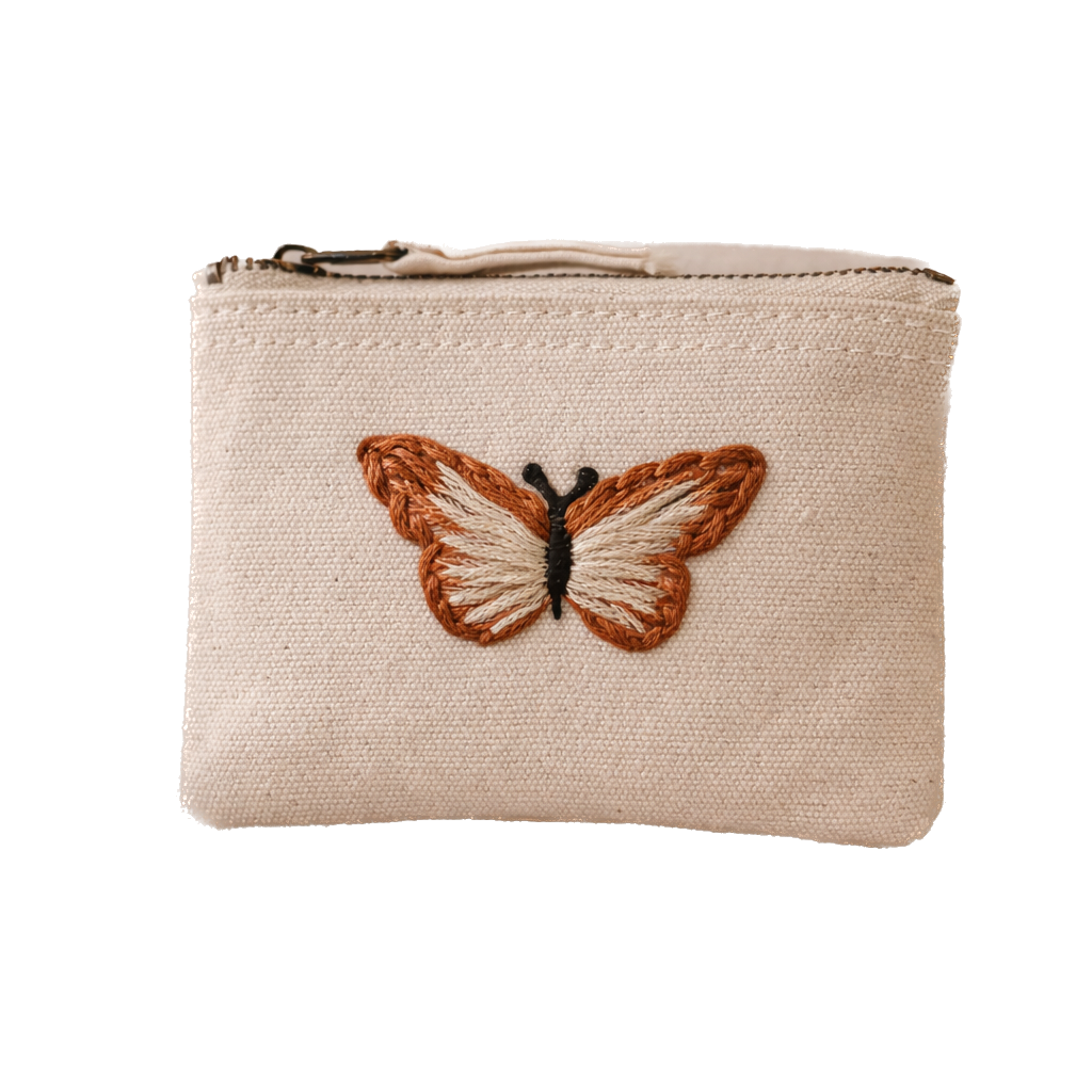 Handbestickte Geldbörse mit Schmetterling – Baumwolle Münztasche Geldbeutel Grün Blau Lila Gelb Braun