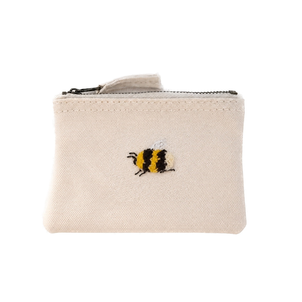 Handbestickte Canvas Kosmetiktasche Damen – Lavendel & Hummel Stickerei – Hochwertige Schminktasche aus Baumwolle mit Reißverschluss – Kulturbeutel Reise Organizer – Handmade Geschenk für Frauen