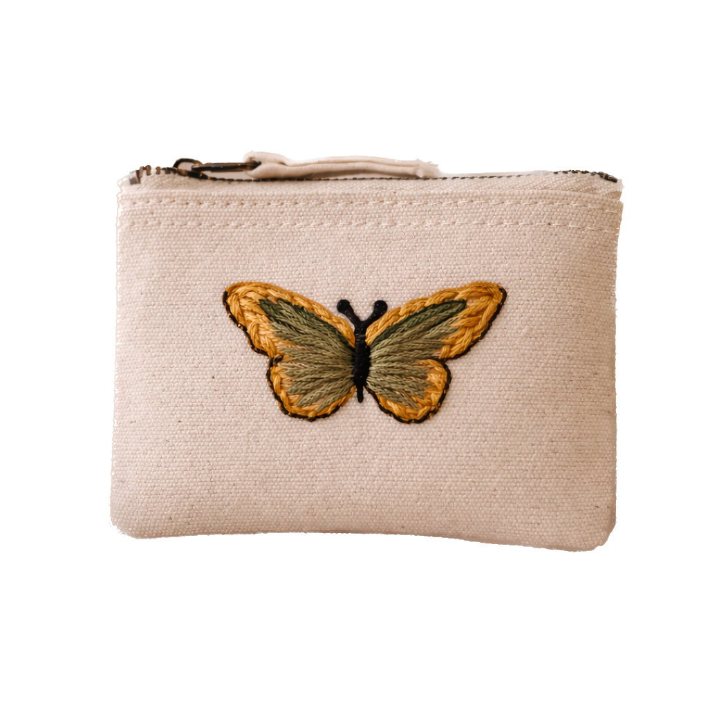 Handbestickte Geldbörse mit Schmetterling – Baumwolle Münztasche Geldbeutel Grün Blau Lila Gelb Braun