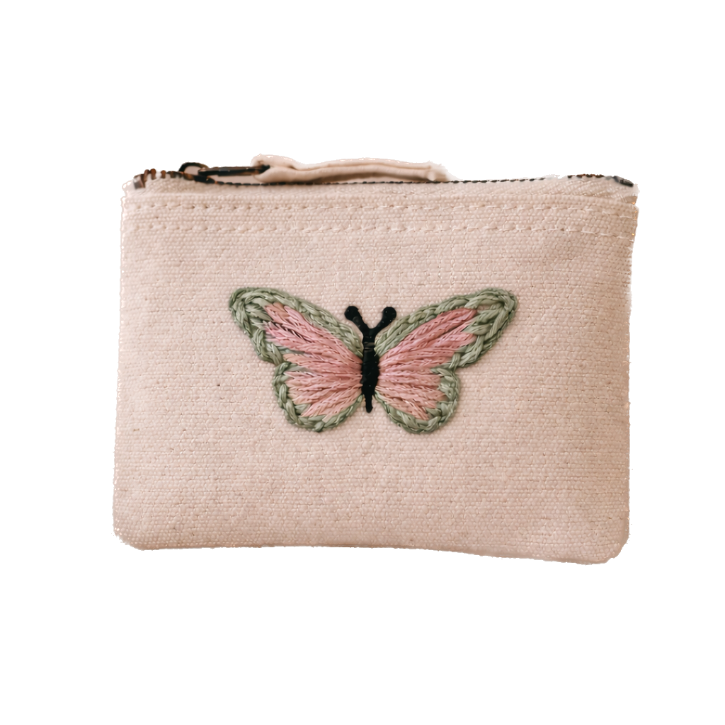 Handbestickte Geldbörse mit Schmetterling – Baumwolle Münztasche Geldbeutel Grün Blau Lila Gelb Braun