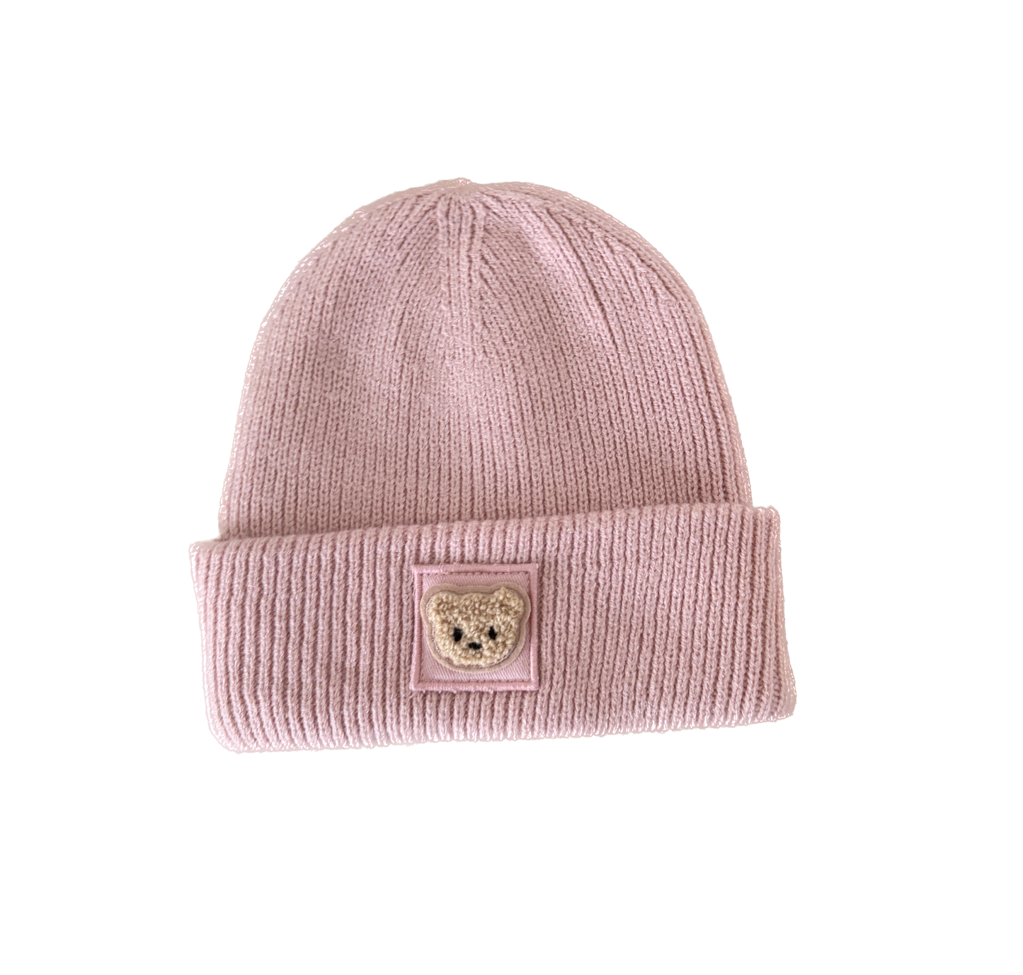 Nachhaltige Kinder Beanie mit Teddy Bär Patch Mütze – Warm Weich, Rosa Grau, Handarbeit