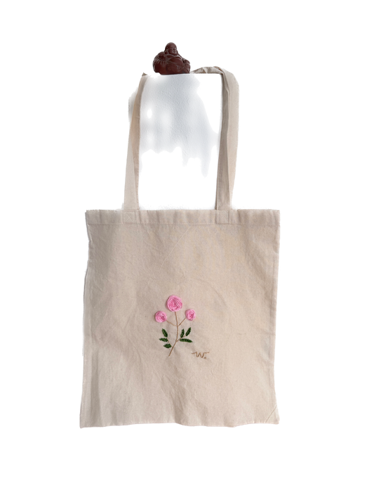 Handgestickt Baumwoll-Shopper mit rosa Blumen & Initialen – stylisch, praktisch