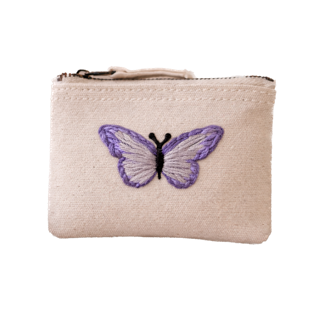 Handbestickte Geldbörse mit Schmetterling – Baumwolle Münztasche Geldbeutel Grün Blau Lila Gelb Braun