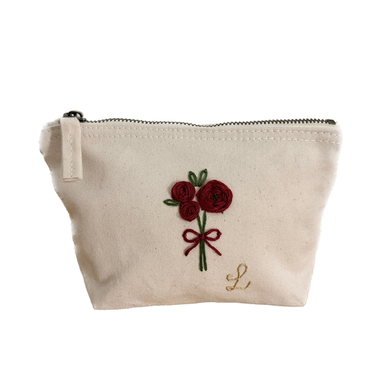 rot Handgestickte Kosmetiktasche S mit Rosen Schleife und Initial A–Z Unikat Geschenk