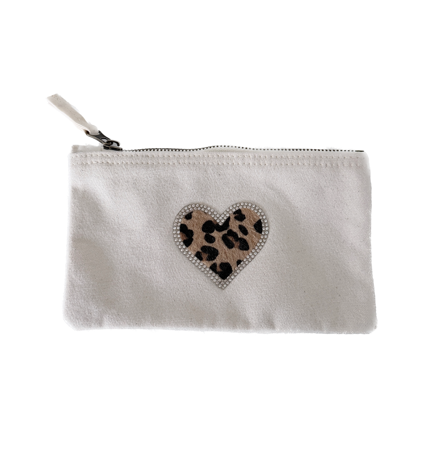 S Schminktasche Beige – Canvas Geldbörse mit Leo Herz Kunstfell & Strass Zipper Etui