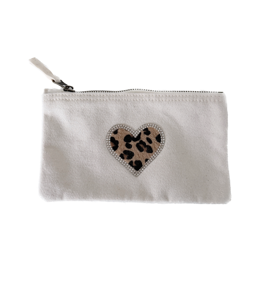 S Schminktasche Beige – Canvas Geldbörse mit Leo Herz Kunstfell & Strass Zipper Etui