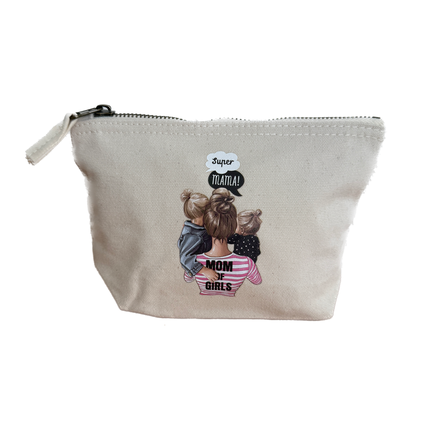 Kosmetiktasche „Super Mama“ Beige Canvas – Schminktasche Make-up Tasche Geschenk Muttertag