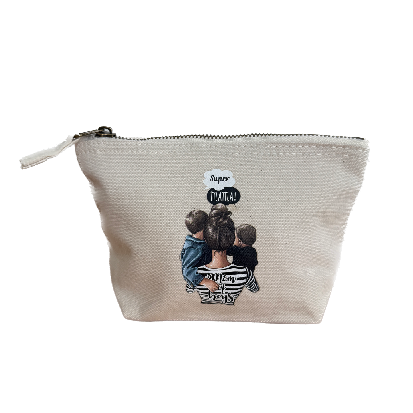 Kosmetiktasche „Super Mama“ Beige Canvas – Schminktasche Make-up Tasche Geschenk Muttertag