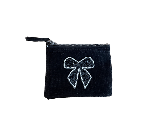 Baumwoll-Geldbörse XS Schwarz – Strass Schleife Motiv – Handarbeit Unikat