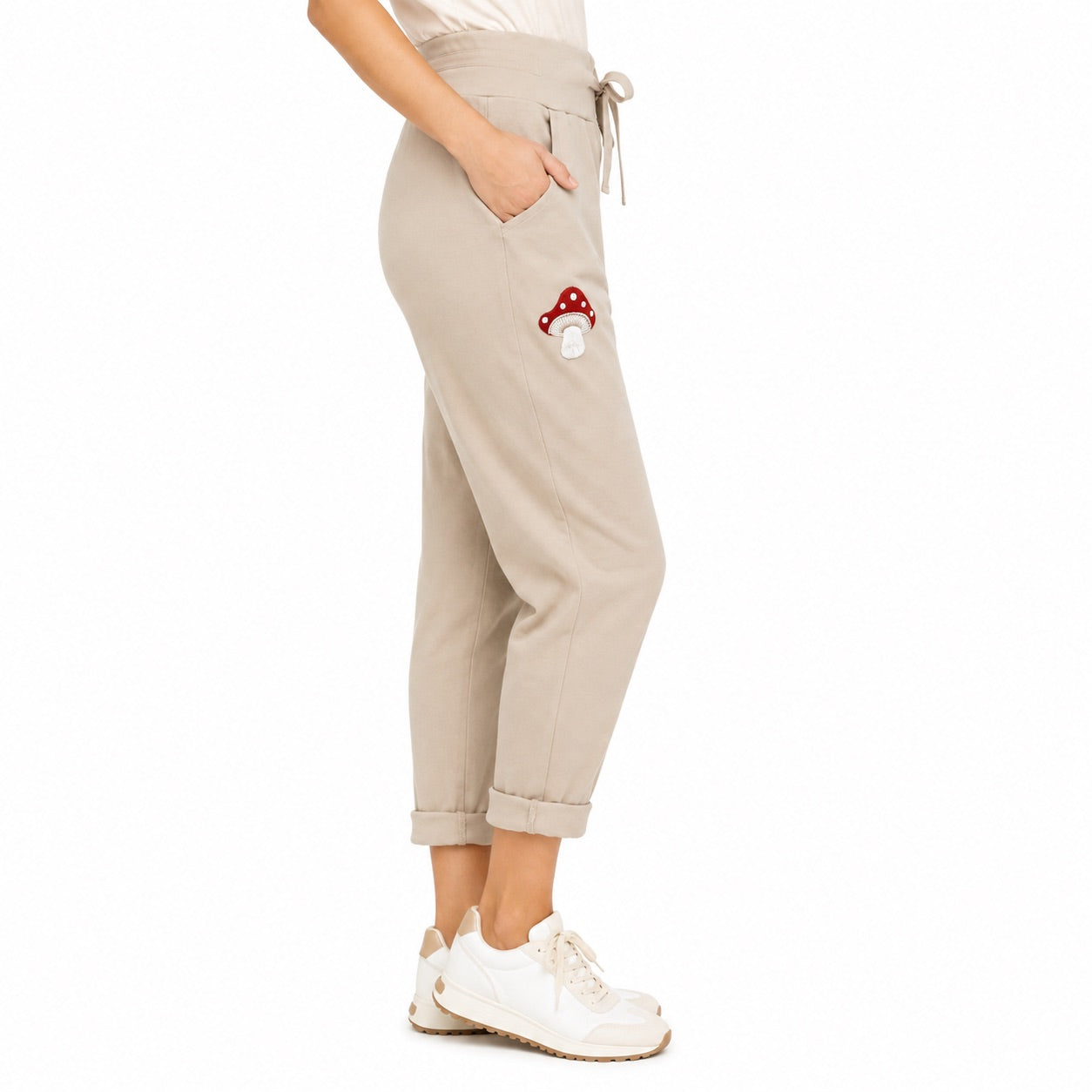 Damen Jogpants Baggy Hose Glückspilz Handstickerei Baumwolle S–XXL Beige Braun Taupe Schwarz