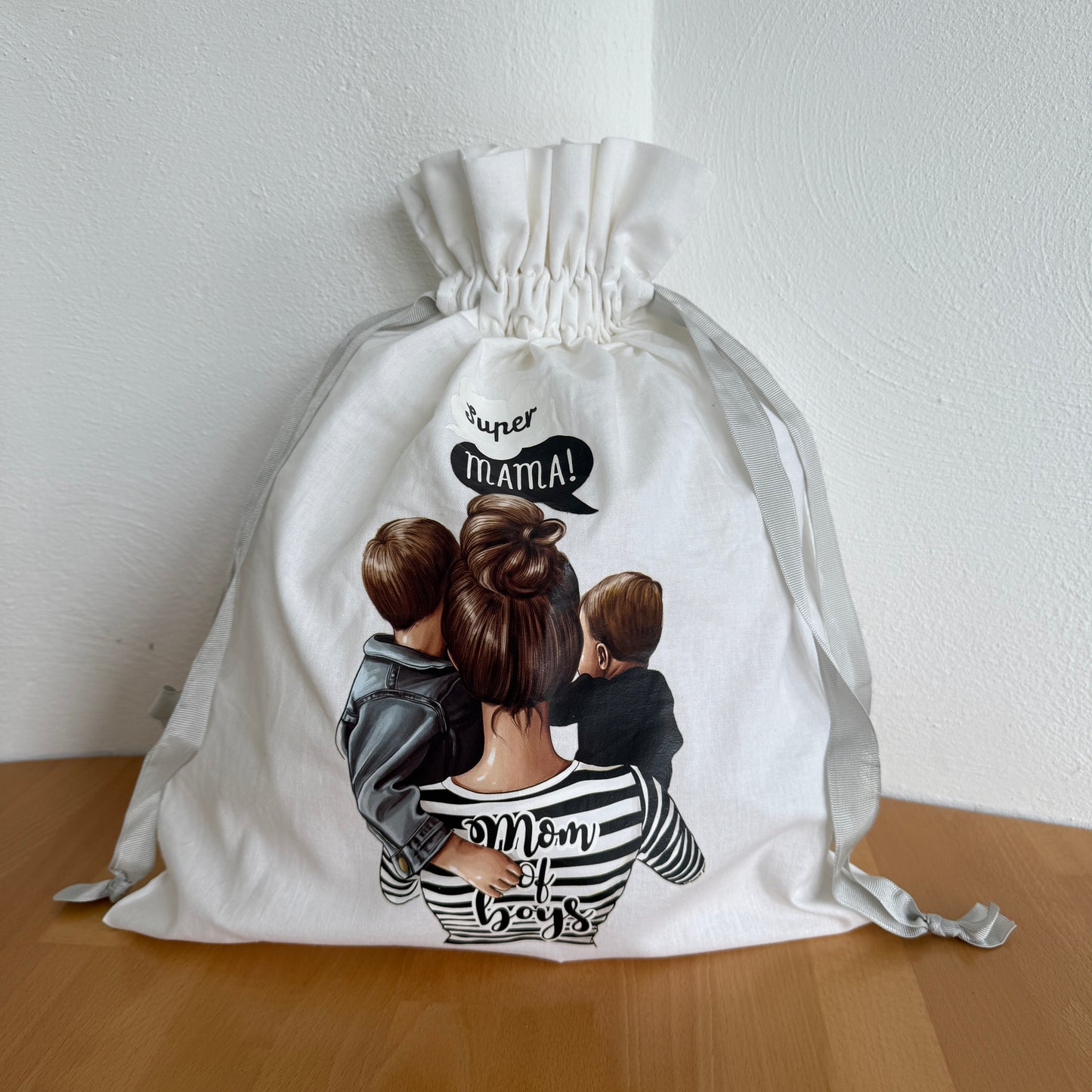 Geschenkbeutel „Super Mama“ Weiß Baumwolle – Geschenktasche Tasche Muttertag Geschenk