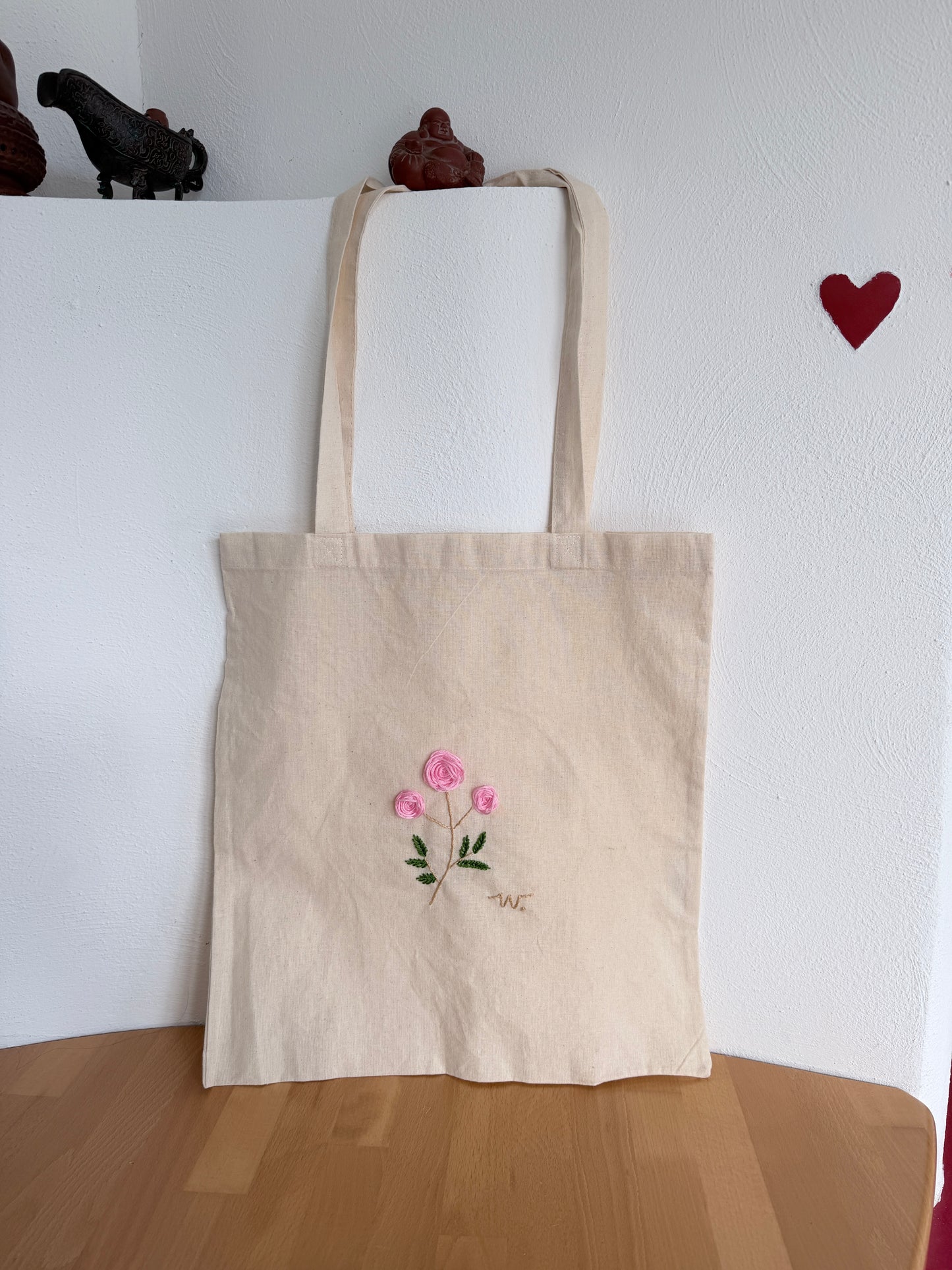Handgestickt Baumwoll-Shopper mit rosa Blumen & Initialen – stylisch, praktisch