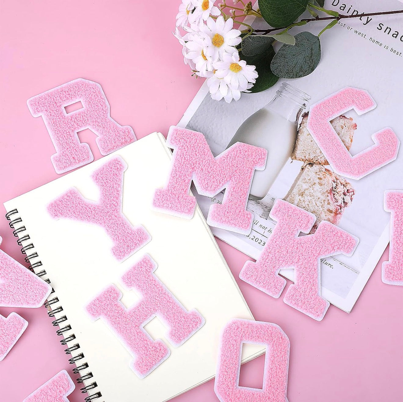 Rosa 8cm Buchstaben A–Z Chenille Aufnäher Patches zum Aufbügeln für Kleidung DIY