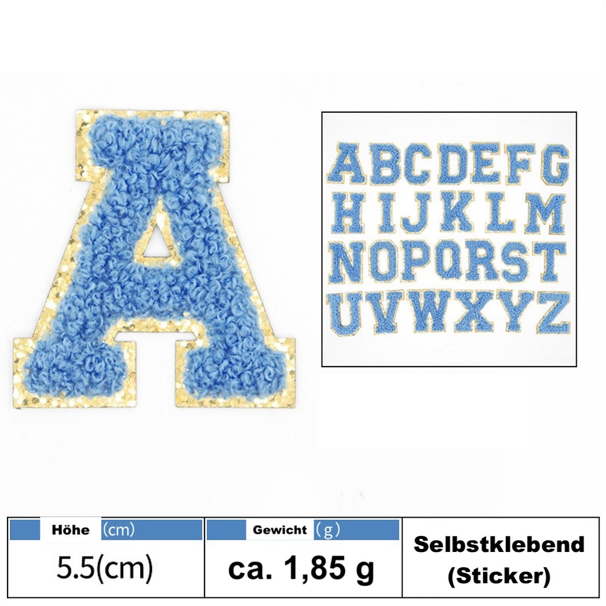 Jeansblau A-Z Chenille Buchstaben Sticker Aufkleber Aufnäher für Handyhülle Kleidung Taschen DIY