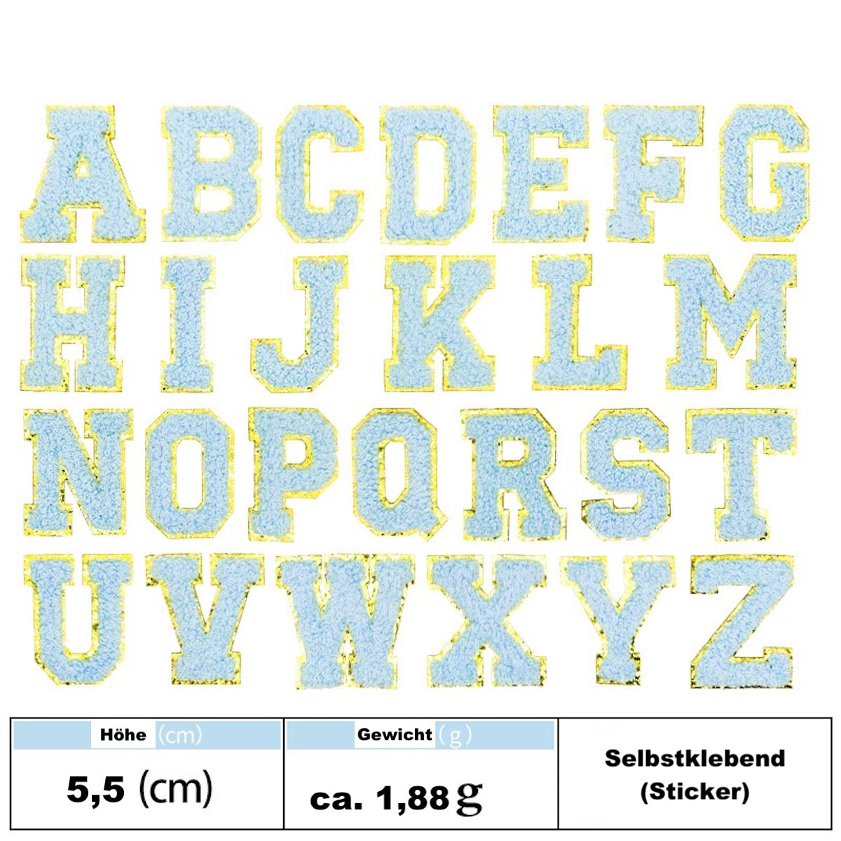 Hellblau A-Z Chenille Buchstaben Sticker Aufkleber Aufnäher für Handyhülle Kleidung Taschen DIY