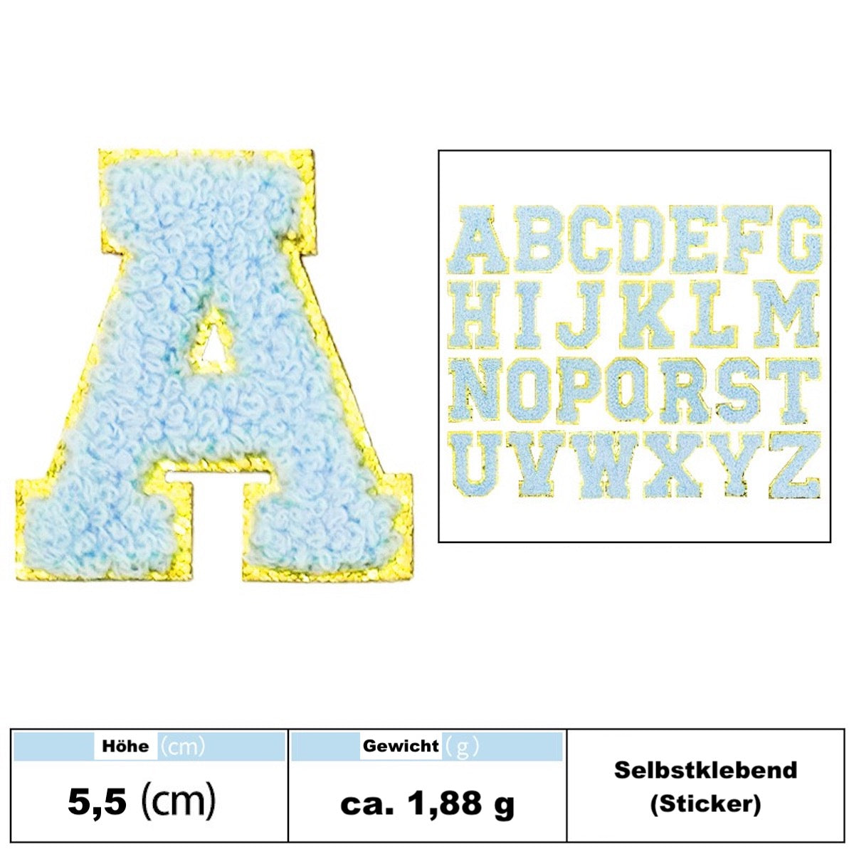 Hellblau A-Z Chenille Buchstaben Sticker Aufkleber Aufnäher für Handyhülle Kleidung Taschen DIY