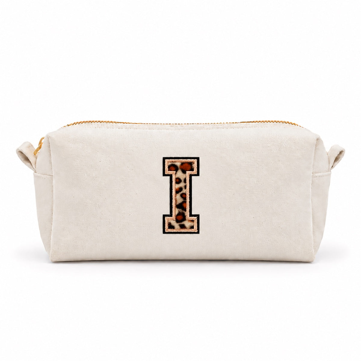 Kosmetiktasche mit Leo-Buchstaben A–Z oder Herz | Baumwolle Make-up Tasche S & L | Beige & Schwarz | Personalisiertes Geschenk für Frauen Kulturbeutel Reiseorganizer