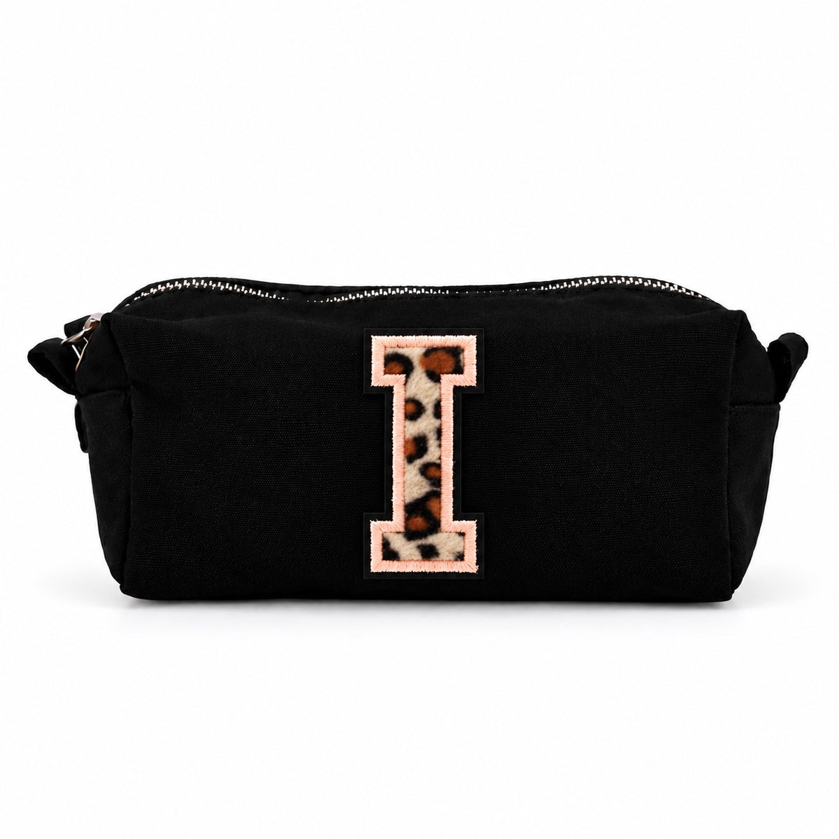 Kosmetiktasche mit Leo-Buchstaben A–Z oder Herz | Baumwolle Make-up Tasche S & L | Beige & Schwarz | Personalisiertes Geschenk für Frauen Kulturbeutel Reiseorganizer