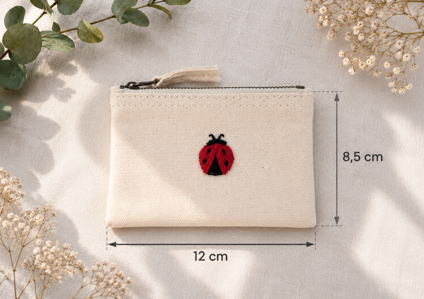 beige Handbestickte Geldbörse mit Kirsche – Baumwolle Münztasche Geldbeutel