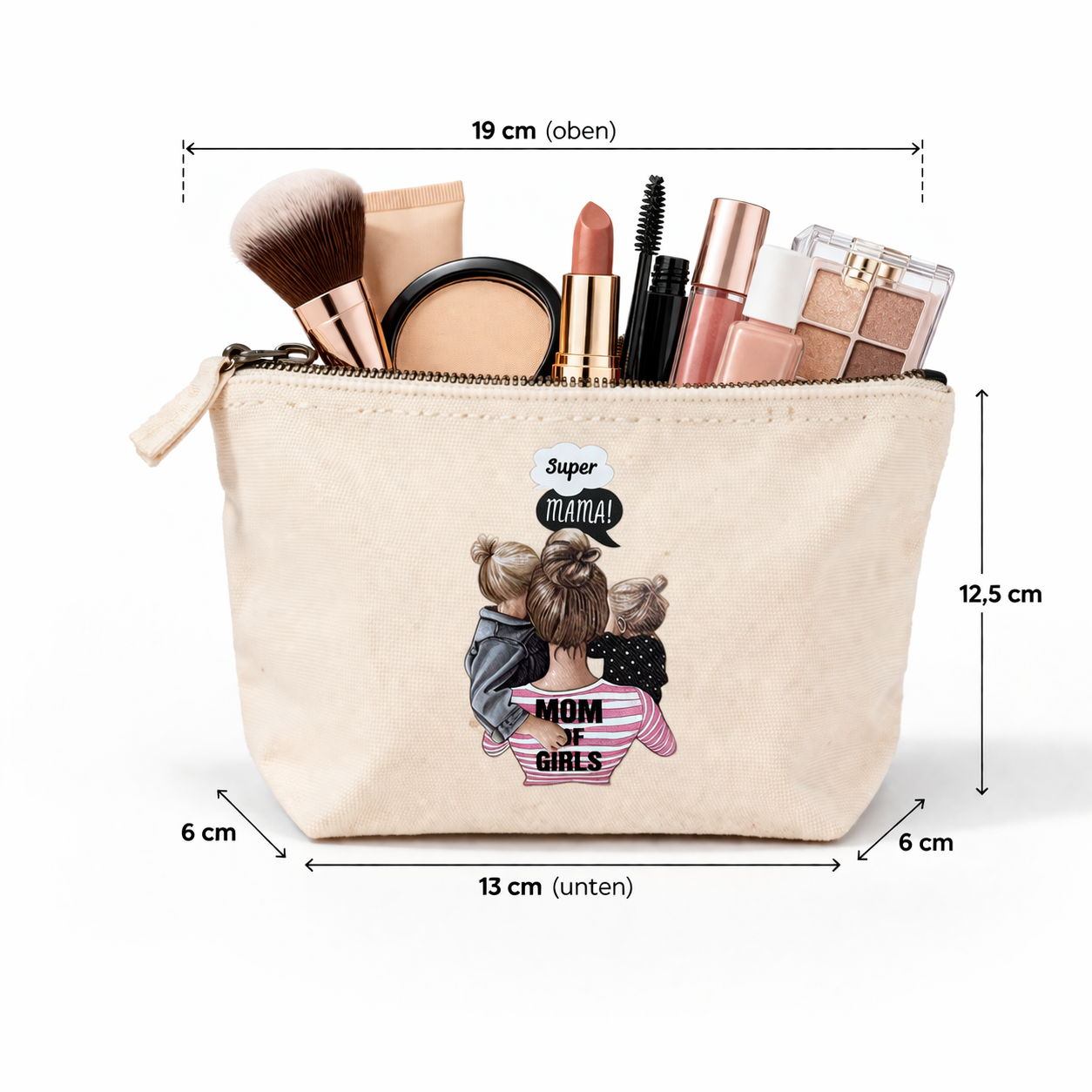 Kosmetiktasche „Super Mama“ Beige Canvas – Schminktasche Make-up Tasche Geschenk Muttertag