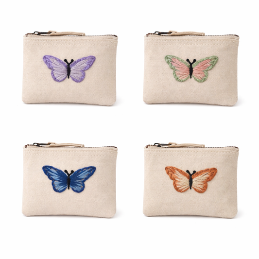 Handbestickte Geldbörse mit Schmetterling – Baumwolle Münztasche Geldbeutel Grün Blau Lila Gelb Braun