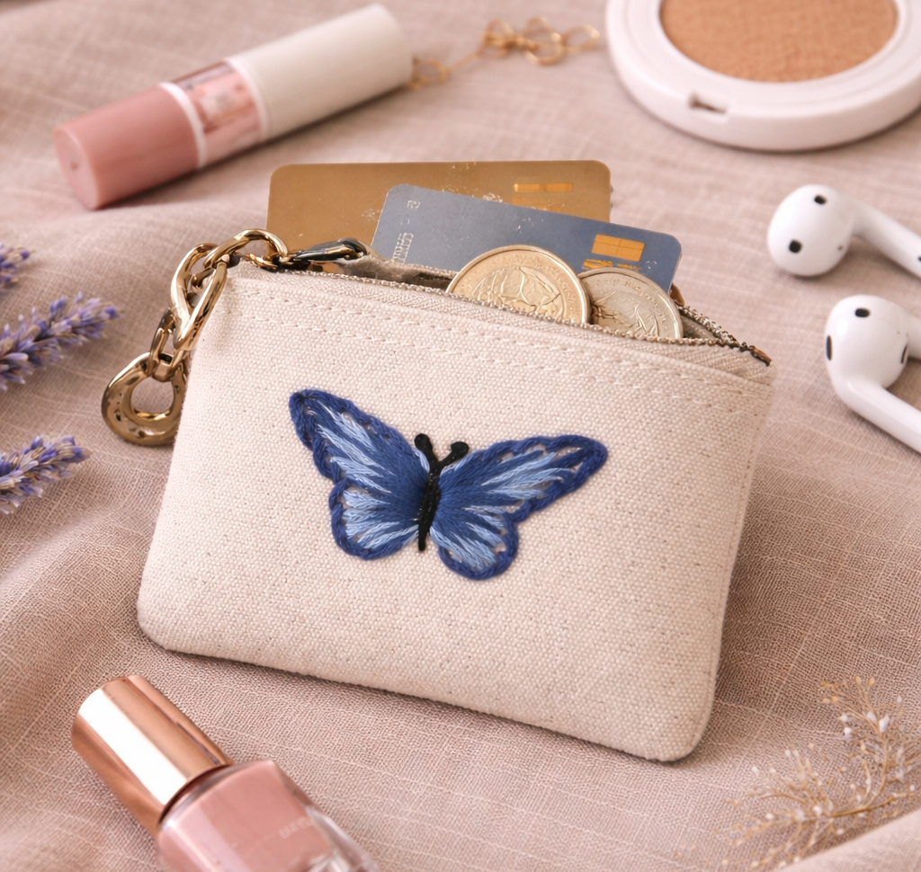 Handbestickte Geldbörse mit Schmetterling – Baumwolle Münztasche Geldbeutel Grün Blau Lila Gelb Braun