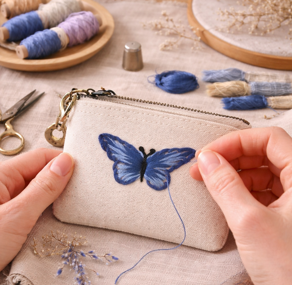 Handbestickte Geldbörse mit Schmetterling – Baumwolle Münztasche Geldbeutel Grün Blau Lila Gelb Braun