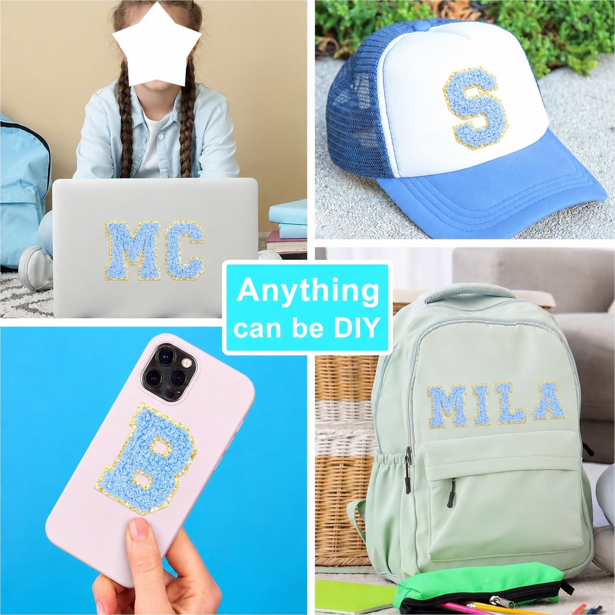 Hellblau A-Z Chenille Buchstaben Sticker Aufkleber Aufnäher für Handyhülle Kleidung Taschen DIY