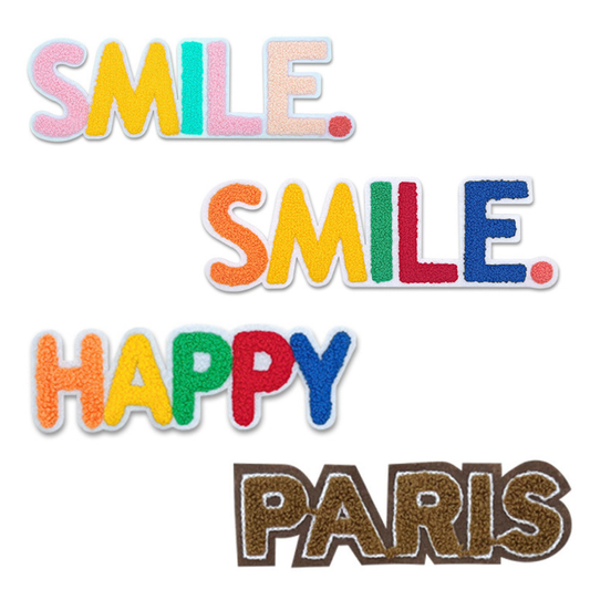 Aufnäher Sprüche Smile Paris Happy Chenille Patches zum Aufbügeln Kleidung Tasche DIY